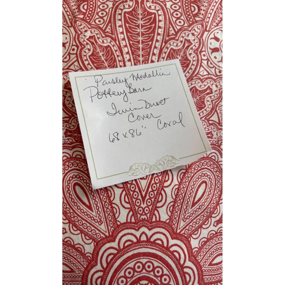 Pottery Barn Paisley Medallion Coral Twin Duvet Cover 100% Cotton Button Closure
